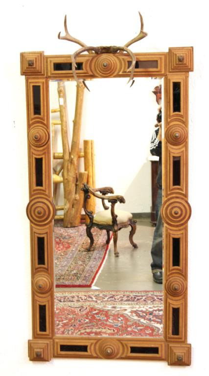 Tramp Art Mirror 25" 55" (frame) w/ black glass in: Tramp Art Mirror 25" 55" (frame) w/ black glass inserts in frame (horns can be removed)