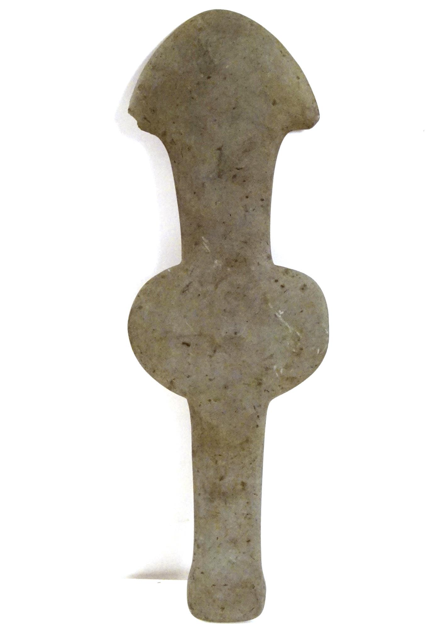 Mound builder Spiro Civilization Oklahoma Mace: Stone Carved Shale Ceremonial Mace Spiro Civilization, Oklahoma - Mound Builders measures approx. 19" x 6 " minor chip at blade Provenance: The T.J. Lindgren (CEO Sunkist) Lifetime Native American Col