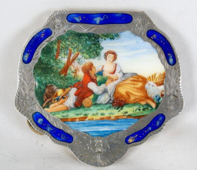 Mario Castagnola enameled compact from the Richar: Mario Castagnola enameled compact from the from the Richard Hedley Estate. 3"+ looks 1920 hand painted enamel courting scene marked Italy 800 on top of mirror. Engraved back, enameled top attaches to