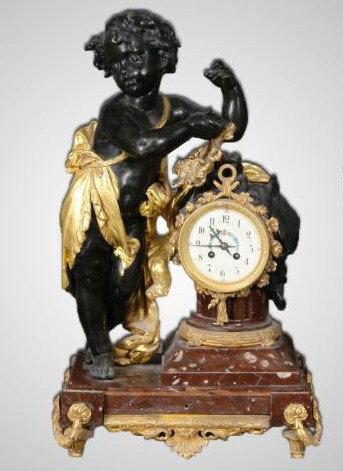 French Dore Bronze, Marble & Crystal Clock 26" Fig: French Dore Bronze, Marble & Crystal Clock 26" Figural Clock, Pair of 34" Candelabras -3pcs