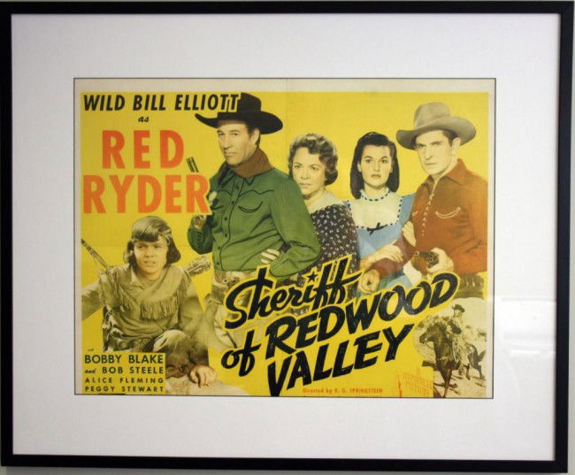 Wild Bill Elliot 'Sheriff of Redwood Valley'-1946 h: Wild Bill Elliot 'Sheriff of Redwood Valley'-1946 half sheet poster with youngster Robert Blake. Very Good - Excellent Condition - Nearly Flawless. Professionally Framed with UV Glass. Linen backed. M