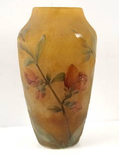 Daum Nancy Cameo Glass vase: Art Glass Vessel with acid etched flowers on satin glass outside measures approx. 5" x 2.25" ,signed with double cross on near bottom (pictures)