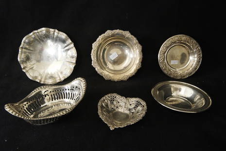 Antique Sterling silver Bon Bon Trays: 6 Sterling Bon Bon or hors d'oeuvres trays, most antique and marked sterling, two marked Gorham - one is a pierced hear shape bon bon - 787 grams total weigh