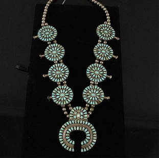 Larry Moses Begay Navajo Squash blossom necklace: Sterling and petit point Nadja and flowering squash blossoms Turquoise Squash Blossom Necklace by Larry Moses Begay (LMB) Signed Native American Sterling Silver Petit point/ Needlepoint Set Stones