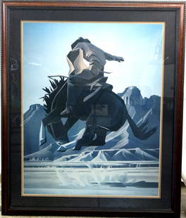 Western lithograph 40" x 31" frame 50" x 42": Gallery C Gallery Tag Verso Nicely famed with a scalloped carved two tone frame and well matted behind glass signed lover right