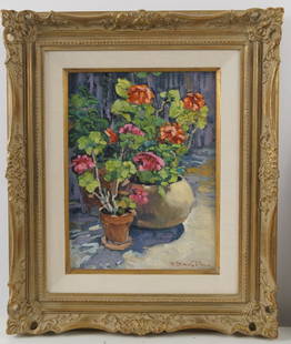 Robert Daughters (1929 - 2013) Stillife: Oil on Canvas Stillife Geraniums signed lower right. Measures 12" x 16" in a 25" x 21" gilt frame. Linda McAdoo Gallery Tag (New Mexico) Verso