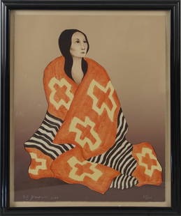 R.C. Gorman (1932-2005) 1980 Lithograph: signed and numbered in white crayon RC Gorman 1980 and 67/150 bottom, on Houston paper with blind stamp bottom left depicting a seating woman draped in a Navajo Chiefs blanket. 21 1/4" x 19 5/8"