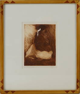 R.C. Gorman (1932-2005) 1977 Etching: signed and numbered in pencil RC Gorman 1977and PP1 (Printers Proof) in the margin. Depicting seating woman with white earrings and hair tie from the back. Vintage painted frame measures approx 19.5"