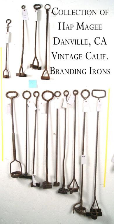 Collection of Antique California branding irons: approx 14 California Ranch branding irons from the Hap Magee Danville, California Collection including: Sinton & Brown Santa Maria, CA, Russell Bros. Cattle Co - Camarillo CA, Herb Pembroke - Santa ma