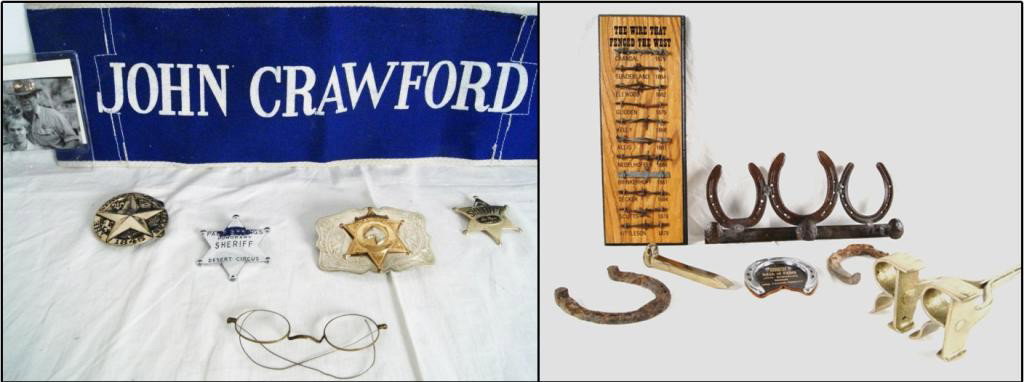 Western & Movie Coll. from actor John Crawford: John Crawford badges, director's chair back from the Television show 'The Waltons' plus RR Brass branding iron - Ranch Richardson plus horse shoe rack, RR brass nail, etc... Ranch is in Colfax Washing