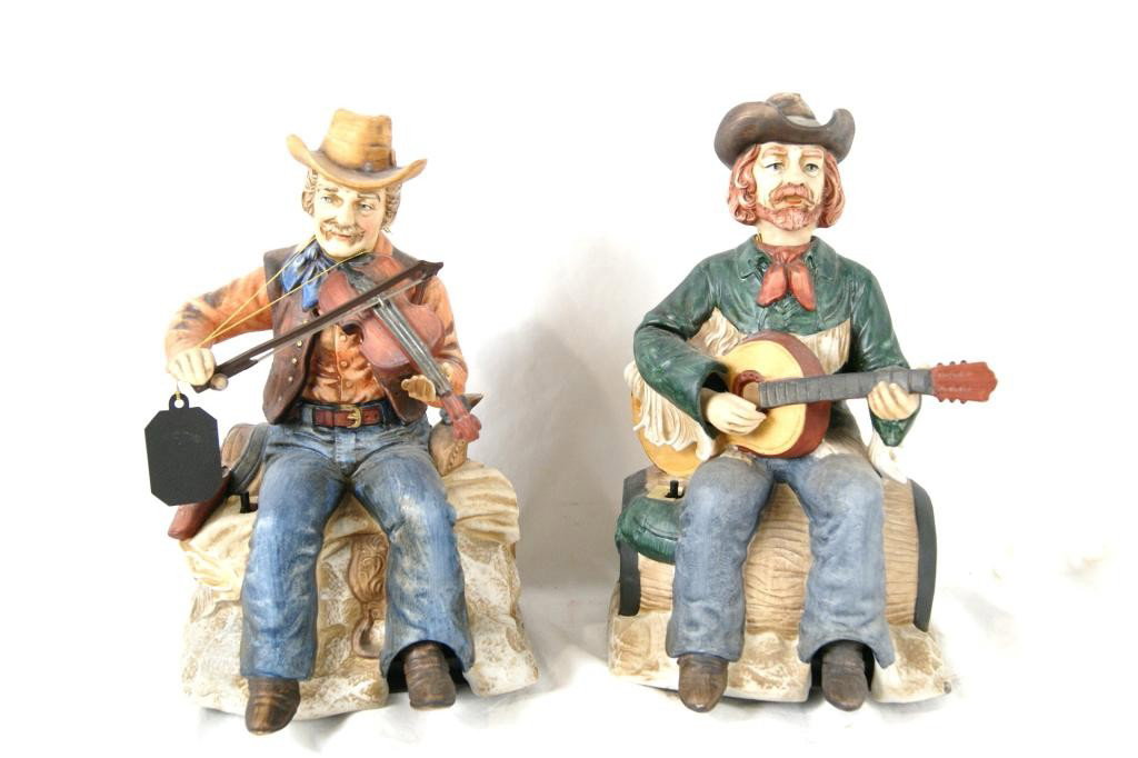 Porcelain Cowboy & Clown Music Boxes 12"-3pcs: From the John Crawford Estate, given to him by Yakima Canutt, famous Native American stunt man. Crawford wrote the book 'My Rodeo Years' about Yakima Canutt.