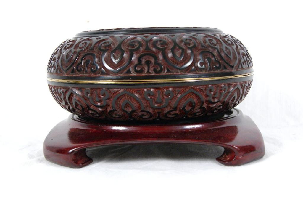 Cinnabar food box on wooden stand - 10"