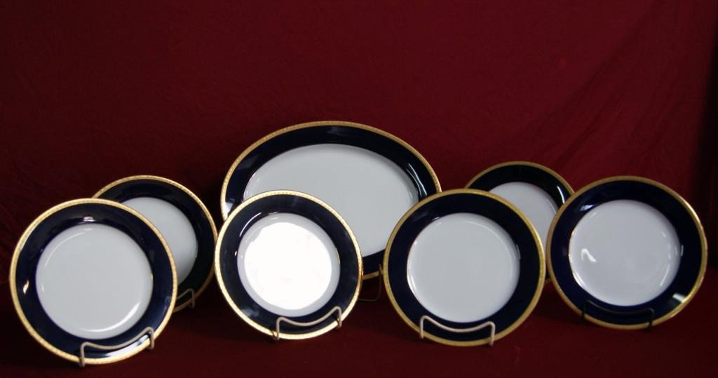 Gold overlay Cobalt porcelain Noritake platter &: 6 plates - 7pcs