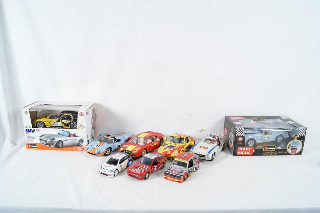 Collection of 9 Die-Cast Race Cars: 2008 Corvette C6-R 1:18 0072/6000, Durango Porsche 924 Turbo 1:24 scale made in Italy, Durango Ferrari 348 tb 1:18 made in Italy 1989, Jouef Evolution Ford GT 40 1:18 scale , Durango Mercedes 300 SL 1