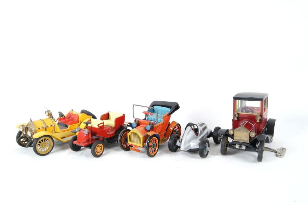 Collection of 5 Vintg Japanese and German Tin Cars: 1950's Japanese Lever Action Tin Antique Car Patent No. 27579, Japanese Model A Car, Schuco Mercer 1225 Made in Western Germany, Schuco Ford Coupe Model T 1917 wind-up w key, Schuco Lufthansa Studio 1