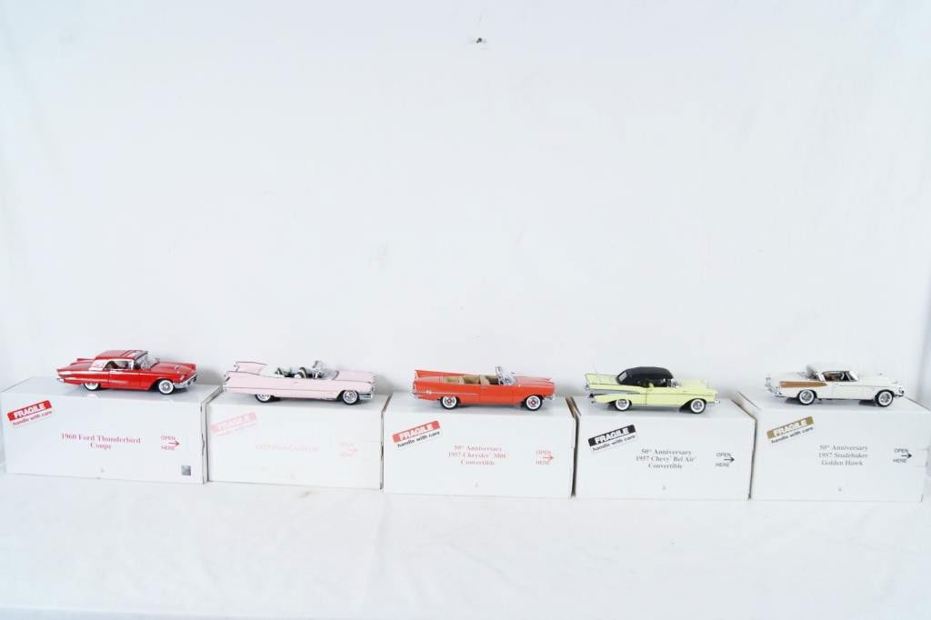 Collection of 5 Danbury-Mint 1950's Convert & Coup: 1960 Ford Thunderbird Coupe in red w sunroof; 1959 Pink Cadillac Convertible; 50th Anniversary 1957 Chrysler 300C Convertible; 50th Anniversary 1957 Chevy Bel Air Convertible in lime; 50th Anniversary