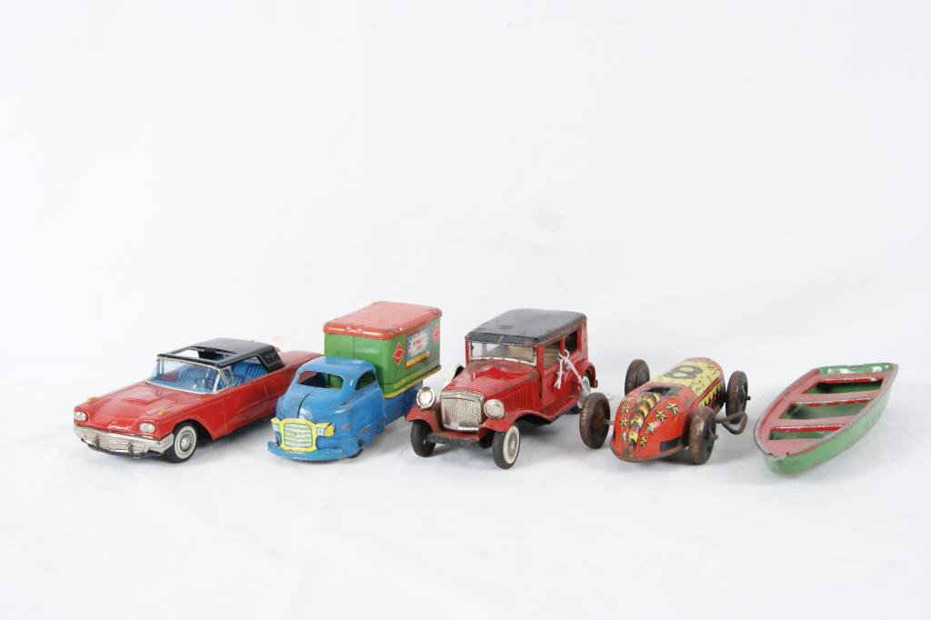 Collection of 5 Vintage friction and windup Cars: 2 Vintage Japanese cars-Japanese Tin Litho Friction Ford Thunderbird great condition 8", Vintage Japanese Model A 7", Wyandotte deco box truck 7" , 1920s speedster wind-up 6.5", Vintage pressed metal