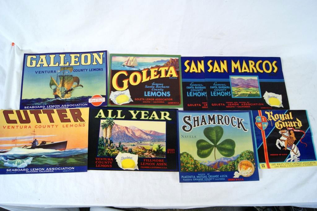Vintage Sunkist California fruit labels - 8: Originally from the John Newman Estate (Late President of Sunkist). 2 San Marcos (Santa Barbara), Goleta (Santa Barbara), Cutter (Oxnard), Galleon (Oxnard), All-Year (Fillmore), Goleta (Santa Barbara)