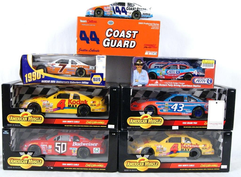 Collection of 7 Die-Cast NASCAR Racers 1:24 & 1:18: 1/24 Richard Petty Driving Ex. Dodge Charger -Mint-new in box. RC2 2005 Authentic Richard Petty Driving Experience Replica,NIB Team Caliber 2005 preferred Series Justin Labonte #44 Coast Guard Car, Co