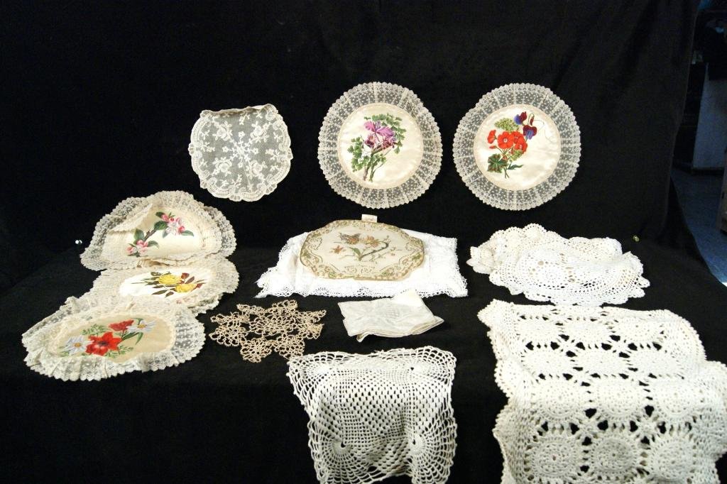 Collection of antique laces, silks, crochets: hand painted silks with lace borders, and more