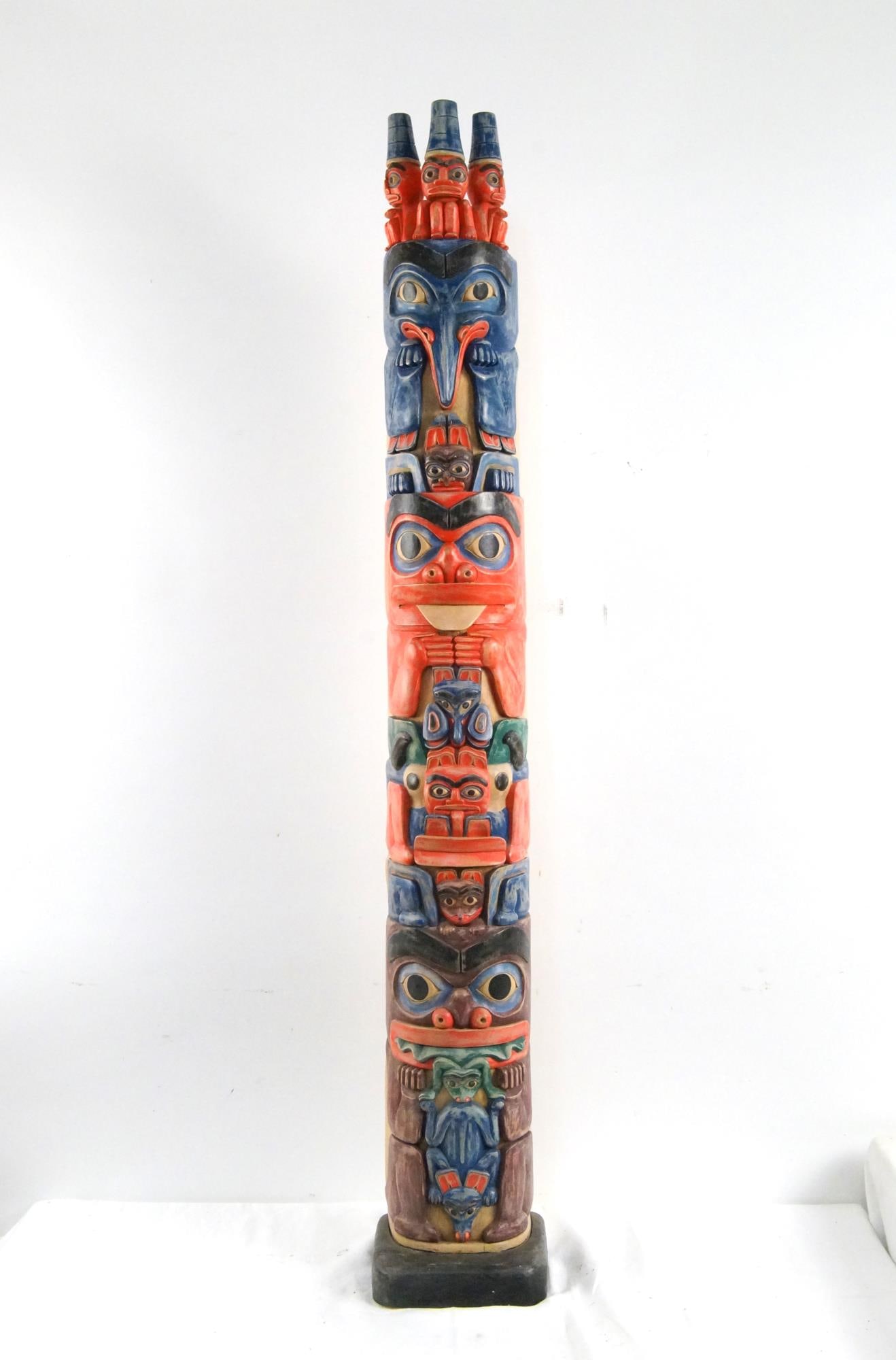 NW Coast wood carved Totem pole: measures 60" x 8" x 8"