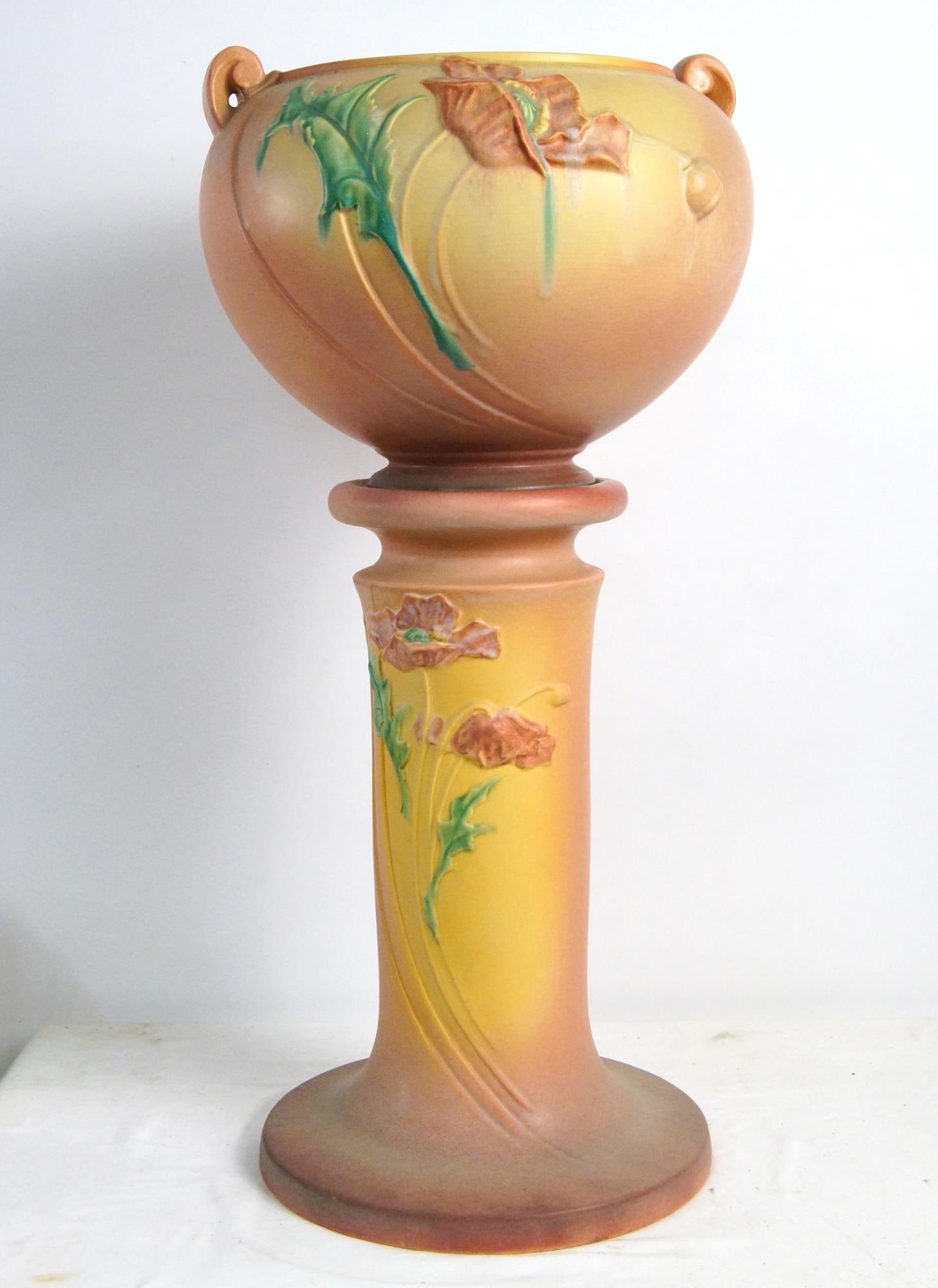 Roseville 2 pc Jardiniere "Poppy": peach - measures app 32" h and 15" diam - Provenance: Barbara Lindgren life time Roseville collection