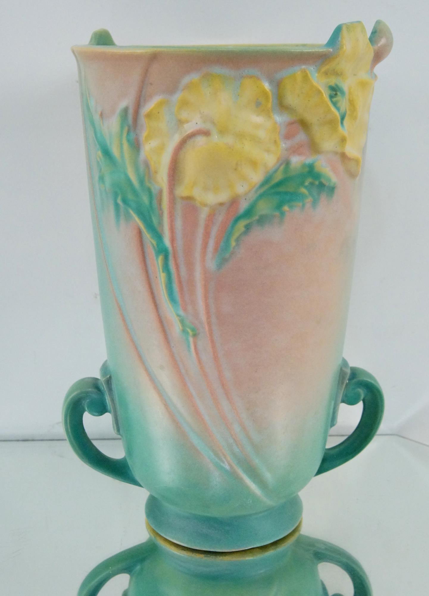 Roseville "Poppy" vase w handles - pink/green: 11" x 7" diam - Provenance: Barbara Lindgren life time collection