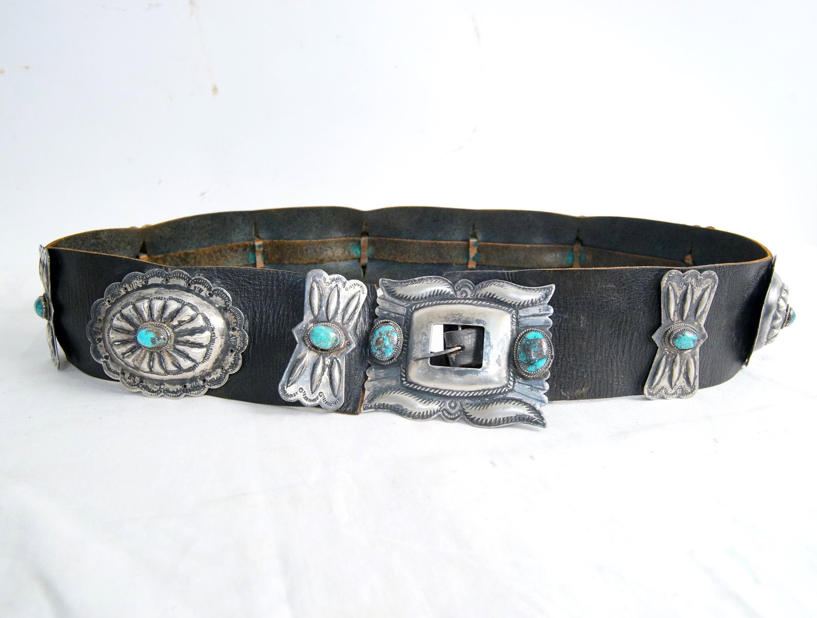 Old pawn Concho belt w silver and turquoise: Five large conchos, six butterfly's and buckle mounted with turquoise stones, authentic old piece!