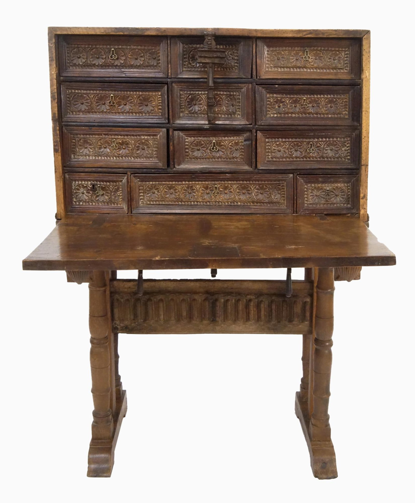 17th Century Walnut Spanish Vargueno: 2 piece Spanish desk with iron straps & handles, twelve drawers, large lock hasp , large dovetail construction, large one-board drop down desk, one board back. Antique Walnut Spanish desk measures 36"