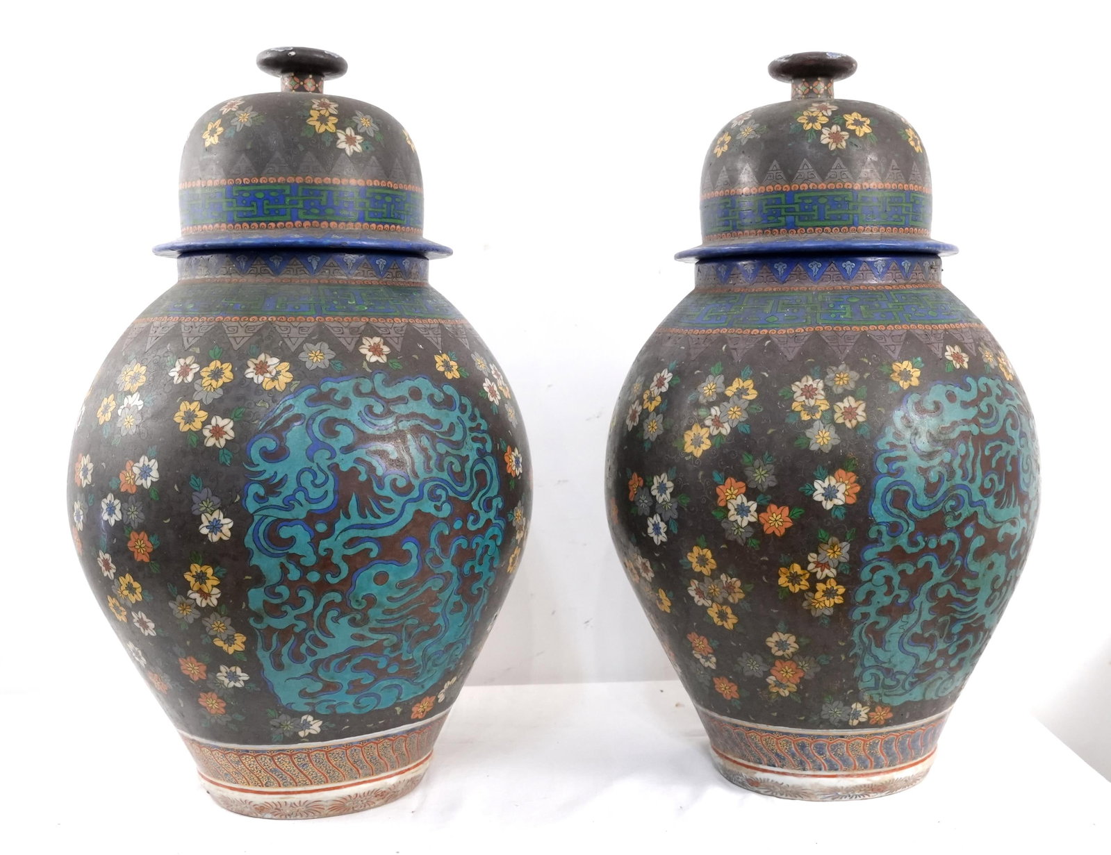 Pair of Antique Chinese Famille Noire Temple Jars: Pair of Antique Chinese Famille Noire Ground Porcelain Covered Temple Jars, Shows age, minor restoration each measure approx. 27.5" x 17" x 17" Provenance: Noted Montecito, Ca. Estate Collection
