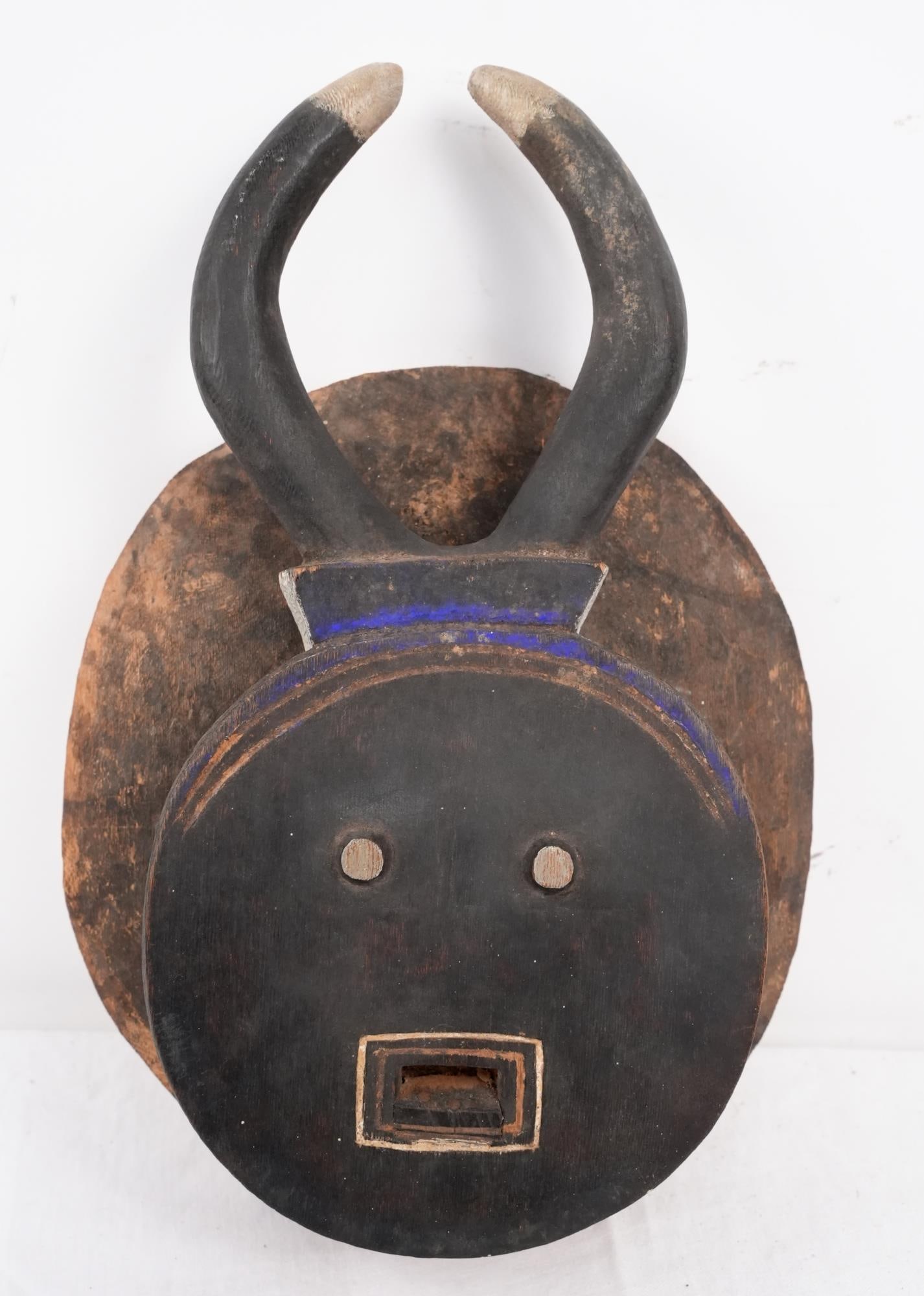 African Baule Sun Mask - round face w horns: Antique Dance Mask Provenance: Important Montecito estate African Collection