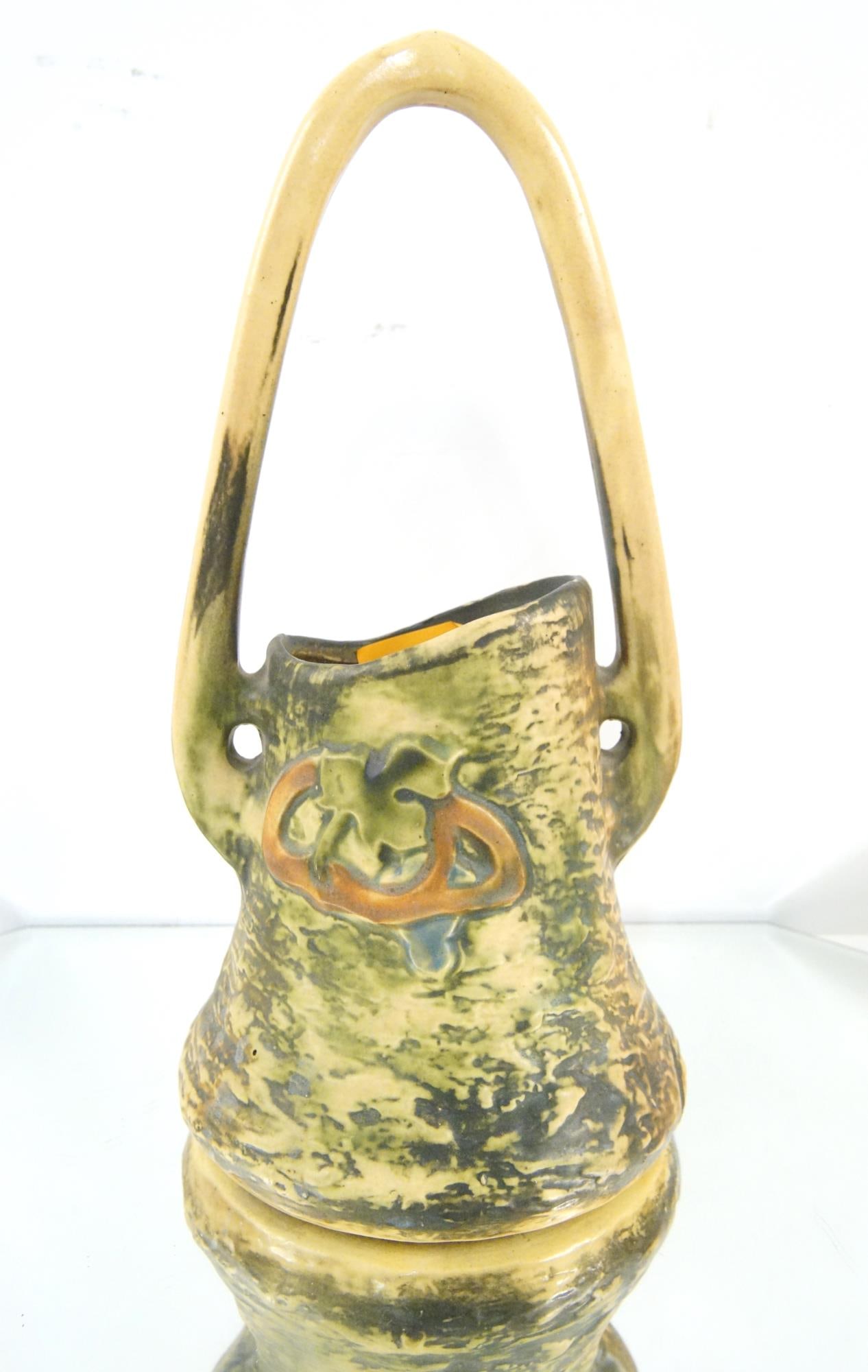 Rare Roseville "Imperial" textured basket w handle: Olive green - measures 12.5" x 6" diam - Provenance: Barbara Lindgren life time collection