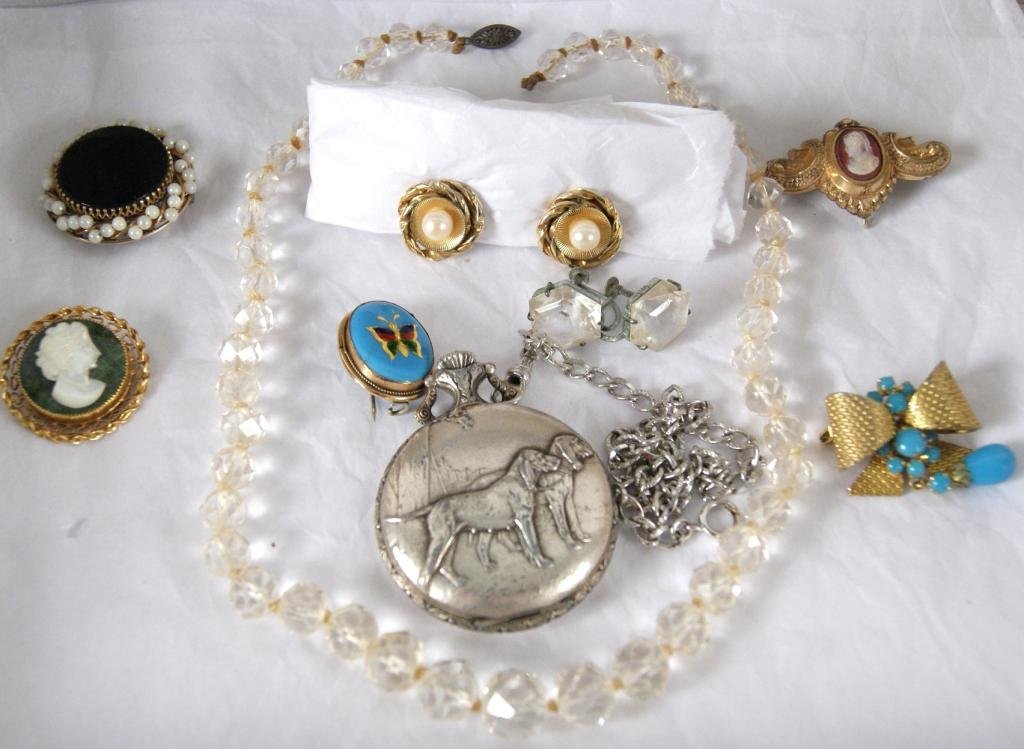 Collection of Antique Jewelry including Dior: Vintage Christian Dior pin, GF Victorian stone cameo brooch, GF Pearl earrings, GF onyx & pearl brooch, gf mother of pearl cameo, gf French Enamel butterfly pin, and antique crystal beads & earrings P