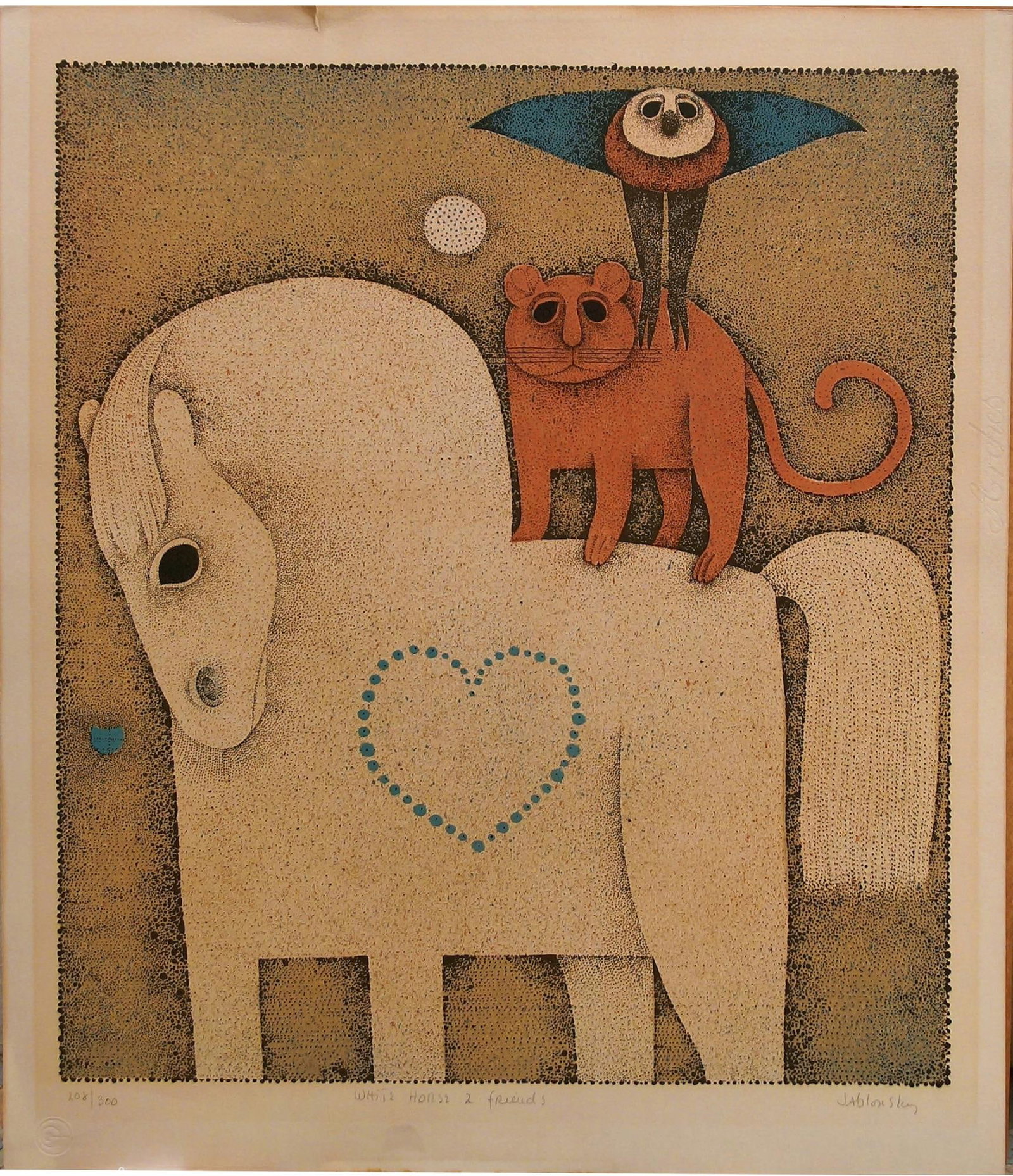 Carol Jablonski lithograph 1974: White horse 2 friends" - 208/300 Lithograph in color on wove paper, signed and numbered in pencil lower margins. Edition of 300. Fresh strong colors, minor time staining, otherwise in good condition, 