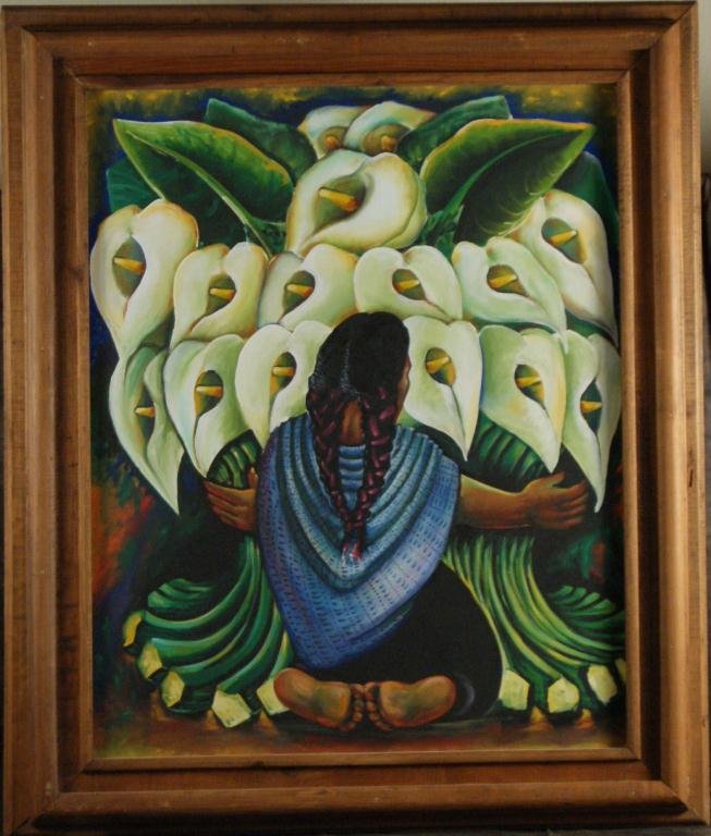 After Diego Rivera oil on canvas: woman with Easter lilies