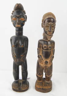 Two West African Baule Wood Carved Figures: Both Show age, Baule figures Wood Carved, ebonized, the male with scarification, they measure approx. 16" and 15" NO RESERVE