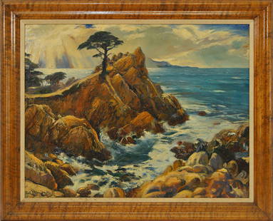 Emil Jean Kosa, Jr. (1903-1968) Oil on Board: Monterey California Coast, oil on board, 1927; signed lower left measures approx. Sight: 21.5 x 27 1/2 in. Burlwood finish Frame: 27 1/2 x 33 1/2 in Provenance: Abell's to current owner Beverly Hills,