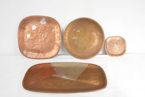Los Castillo Taxco 4 Copper & Silver platters: Mid Century Los Castillo Taxco/ Metates Castillo Taxco hand hammered Copper & brass platters with silver inlay the largest is 17.75" - 11.5" - 11" and 5.75"