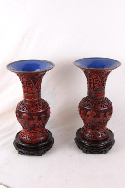 Pair early 20th c Cinnabar vases - 10" h