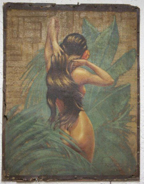 Tahitian antique painting - Nude on leather: signed bottom right Robert Taylor Tahiti measures 30.5" x 23.5" Leather on board, tacked