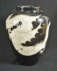 Burnished Black & White Mexican Dragon Pot
