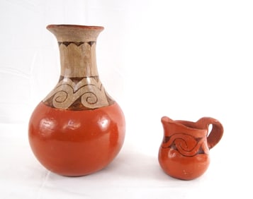 Native Redware hand painted vase & small pot