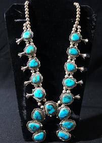 Navajo Turquoise Squash Blossom Necklace signed