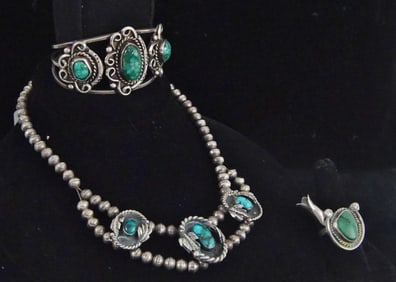 Old Pawn Navajo Spider Web Turquoise Jewelry 3 pc.