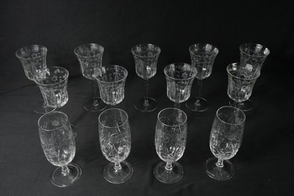 Collection of 9 Antique Etched Crystal stemware