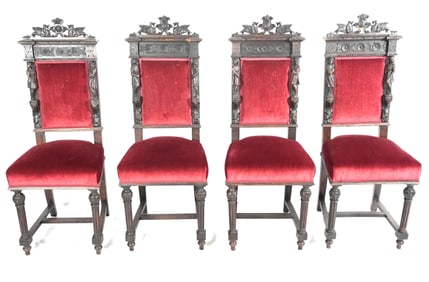 Antique set of 4 Figural carved dining chairs