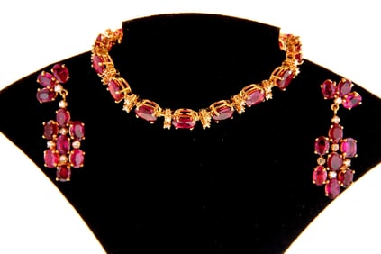 3 pc 14kt gold ruby bracelet and pair earrings