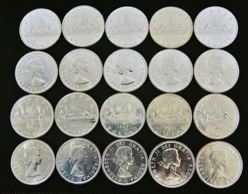 Twenty 1963 BU Canadian .999 Silver Dollar Coins