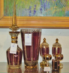 7 Bohemian Amethyst glass gold overlay decanter