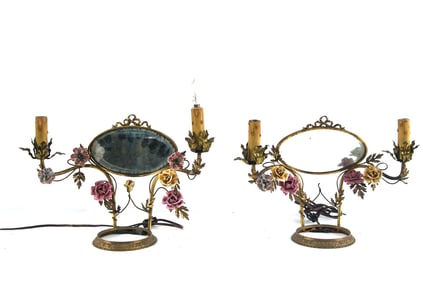 Pair French Boudoir lamps w porcelain roses